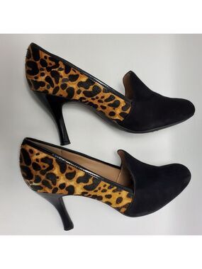 Franco Sarto Cowhair Leather Leopard Print Loafers Heel Pumps Size 8.5